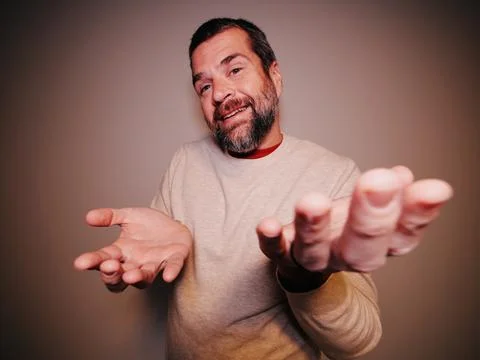 Middle Aged Dad Demonstrating 6-7 Gestures Stock Photos