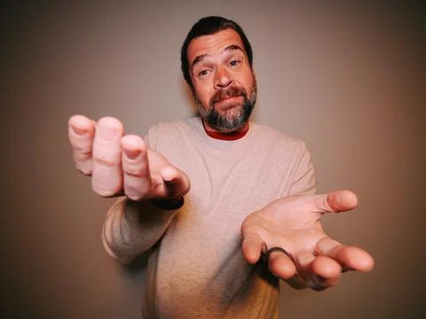 Middle Aged Dad Demonstrating 6-7 Gestures Stock Photos