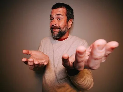 Middle Aged Dad Demonstrating 6-7 Gestures Stock Photos