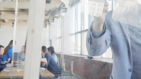 A middle-aged developer writes formulas and graphs on a glass board using a Stock Footage 108978787