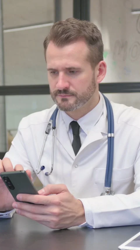 Middle Aged Doctor Browsing Internet on Phone, vertical video Stock Footage 324795354
