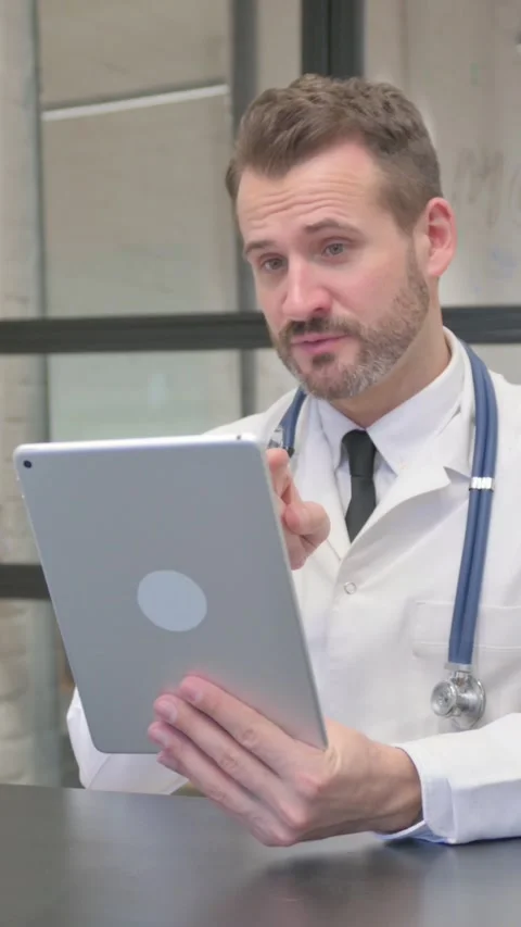 Middle Aged Doctor Doing Video Chat on Tablet in Clinic, vertical video Stock Footage 324795672