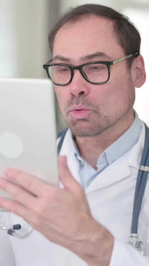 Middle Aged Doctor doing Video Chat on Digital Tablet, Vertical Video 動画素材 339583498