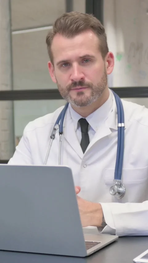 Middle Aged Doctor Looking at Camera while Working on Laptop, vertical video Stock Footage 324795261
