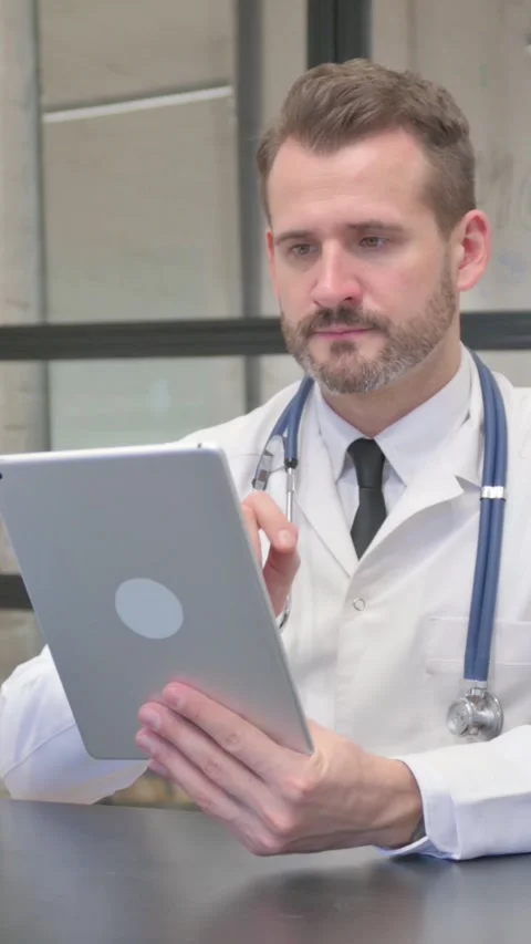 Middle Aged Doctor Using Digital Tablet for Work, vertical video Stock Footage 324795385
