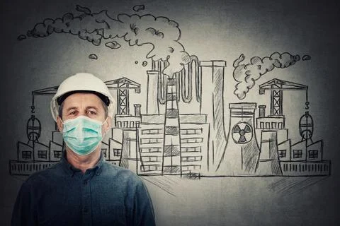 Middle aged engineer and toxic factory sketches. Contractor wearing protectiv Stock Photos