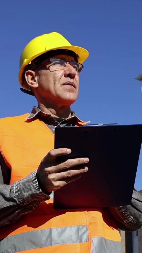 Middle-Aged Engineer with Hard Hat Writes at Clipboard at Construction Site Stock Footage 313036970