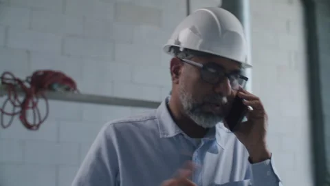 Middle Aged Engineer Talking on Mobile Phone at Construction Site Stock Footage 332248800