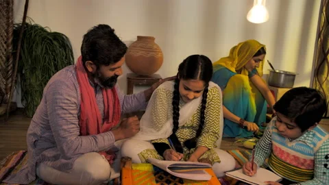 Middle-aged farmer helping son and daughter in their studies - lifestyle family Video stock 147705523