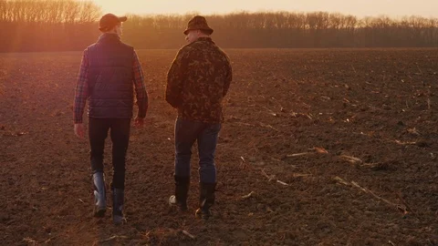 Middle-aged farmer with his son walking across the field at sunset. Family Farm Stock Footage 106377916