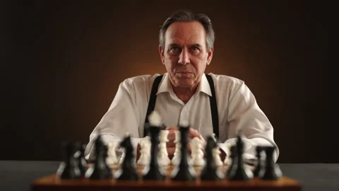 Middle-Aged Gentleman in Dramatic Light Playing Chess, Dressed in White Shirt Stock Footage 260721761