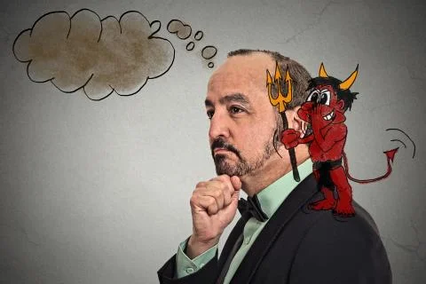 Middle aged guy with sketched devil on his shoulder whispering in his ear Stock Photos