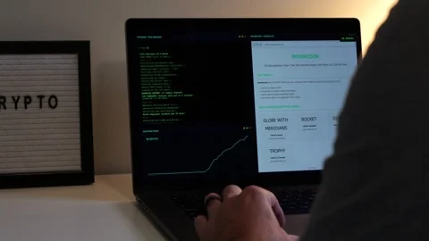 Middle Aged Hacker Minting Crypto Meme Coin Stockbeeldmateriaal 320645054