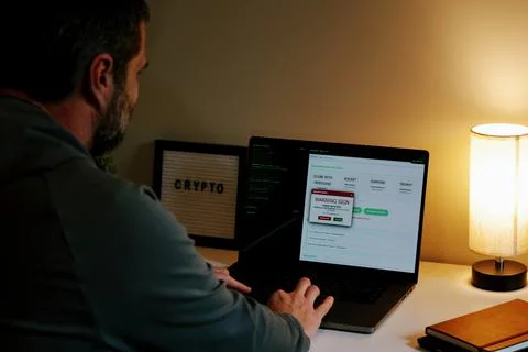 Middle Aged Hacker Minting Crypto Meme Coin Stockfoto's