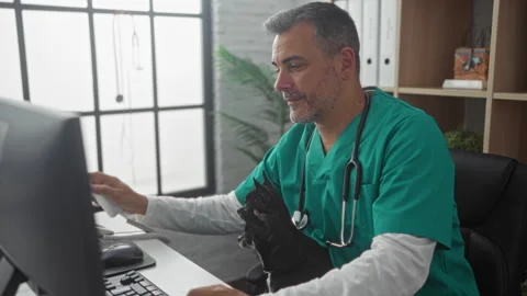 Middle-aged hispanic man in veterinary clinic working on computer while hol.. Stock Footage 285100703