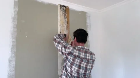 A middle aged home handyman using a tool to remove wallpaper Stock Footage 278866531