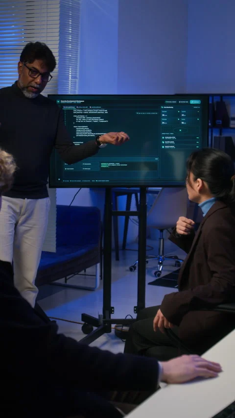 Middle Aged Indian Developer Presenting Code on Monitor to Team Stock Footage 347304158