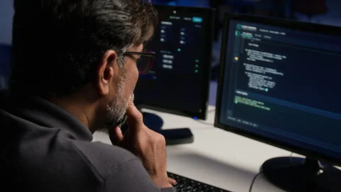Middle Aged Indian Man Analyzing Cybersecurity Code on Computer Stock Footage 347286718
