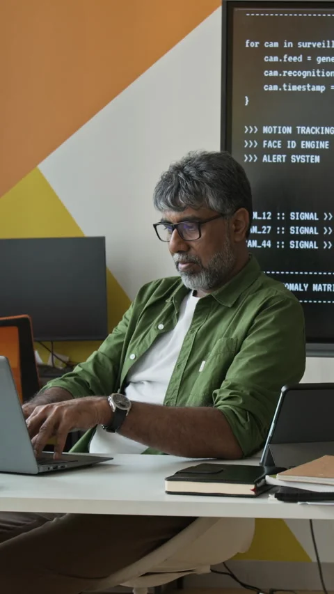 Middle Aged Indian Programmer Man Coding on Laptop in Office Stock Footage 342825667