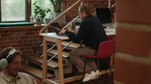 Middle-Aged IT Freelancers Sharing Comfortable Coworking Space Stock Footage 320002649