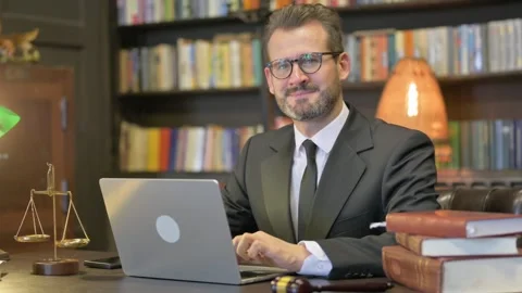 Middle Aged Lawyer Smiling at Camera with Laptop Vídeo Stock 294294422