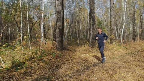 A middle-aged man in the autumn forest runs. Stock Footage 95734652