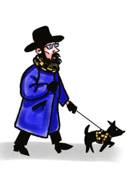 Middle aged man in coat and hat walking  with dog isolated on white Stock Illustration