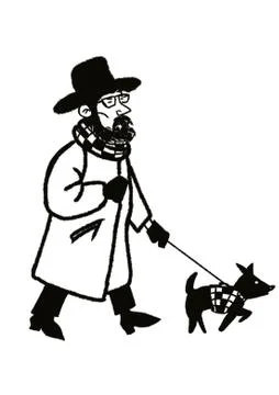 Middle aged man in coat and hat walking  with dog isolated on white Stock Illustration