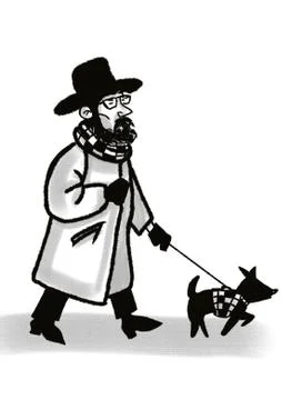 Middle aged man in coat and hat walking  with dog isolated on white Stock Illustration