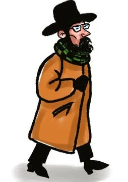 Middle aged man in coat and hat walking isolated on white Stock Illustration