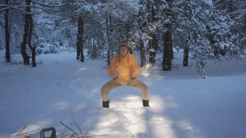 Middle Aged Man Doing Cardio Exercise On Wooden Terrace Near Modern Cabin Stock Footage 334839770