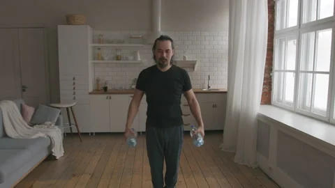 Middle Aged Man Doing Home Fitness No Equipment Exercises Stock Footage 151441891