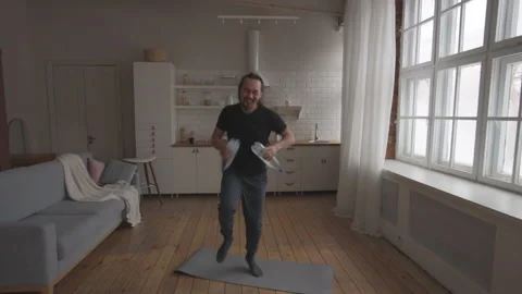 Middle Aged Man Doing Home Fitness No Equipment Exercises Stock Footage 151442896