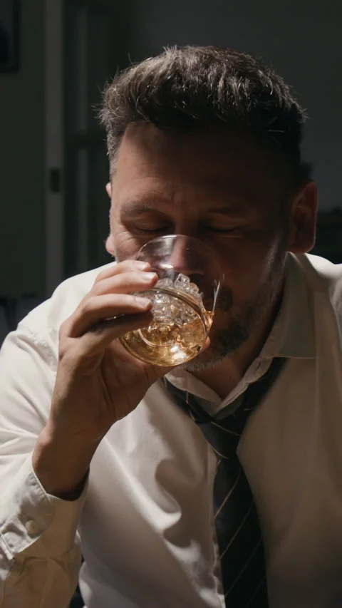Middle Aged Man Drinking Whiskey Coping with Alcohol Addiction Stock Footage 344850702