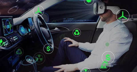 Middle-aged man driving car using VR headset while INIT Stockbeeldmateriaal 313294955