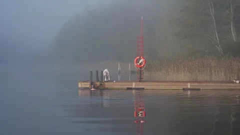 Middle aged man entering cold lake water from wooden dock Stock Footage 346614094