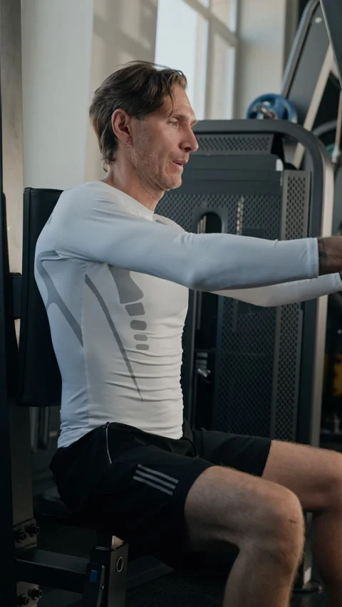 Middle Aged Man Exercising on Seated Chest Fly Machine in Gym Stock Footage 345207482