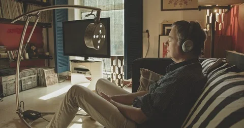 Middle Aged Man Experiencing Hypnagogic Light Session Light Therapy Stock Footage 108219578