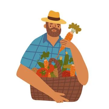 Middle aged man-farmer with beard wearing denim and hat with basket of different Stock Illustration