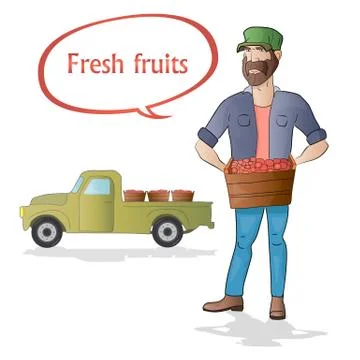 Middle aged man-farmer with box of fruits on white background Stock Illustration