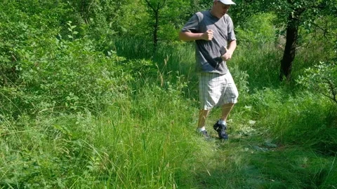 Middle-aged man in the forest walking walking tourist 스톡 동영상 311495826