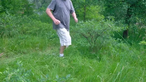Middle-aged man in the forest walking walking tourist Stock Footage 311638265