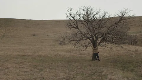 A middle aged man grabs the branches of a tree with his hands and swings on them Stock Footage 239168751