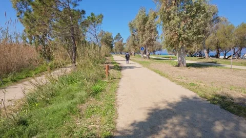 Middle aged man jogging on a dirt road near the sea Stock Footage 304686525