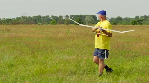 Middle Aged Man is Launching an Aircraft Model Competition Konotop Ukraine Stock Footage 64580558