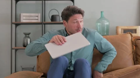 Middle Aged Man Leaving Room after Completing Work on Laptop Video stock 287418119