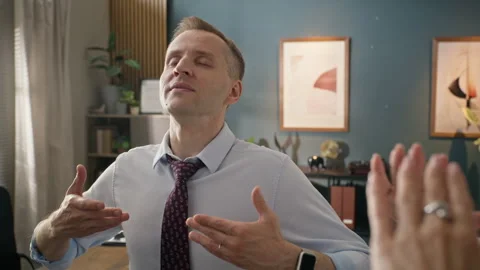 Middle Aged Man Practicing Breathing Exercise with Female Therapist Stock Footage 340629791