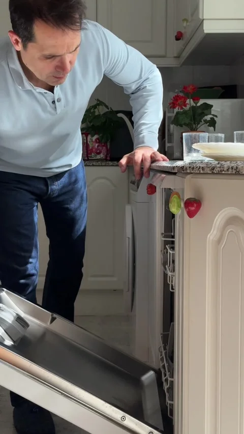 A middle-aged man putting dirty dishes and glasses in the dishwasher Stock Footage 272334286