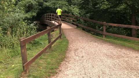 Middle aged man running across wooden bridge Video stock 138701259