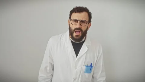 Middle-aged man scared to death! dons scientist uniform, amazed with disbel.. Stock Footage 279373614